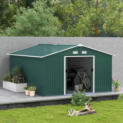 13 x 11 ft Metal Garden Shed with Ventilation and Sliding Doors - Deep Green
