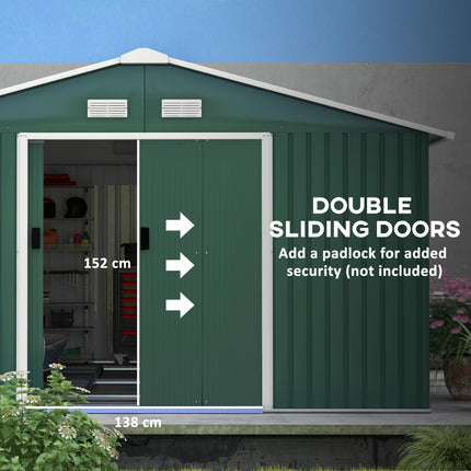 13 x 11 ft Metal Garden Shed with Ventilation and Sliding Doors - Deep Green