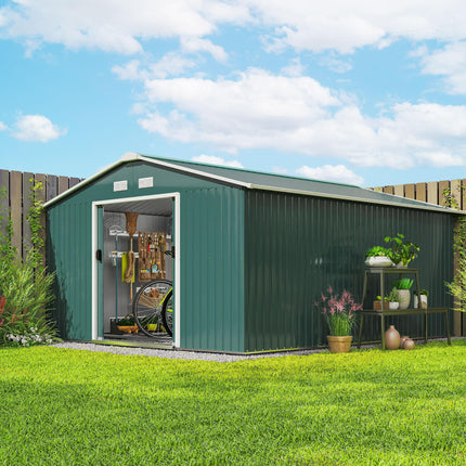 13 x 11 ft Metal Garden Shed with Ventilation and Sliding Doors - Deep Green