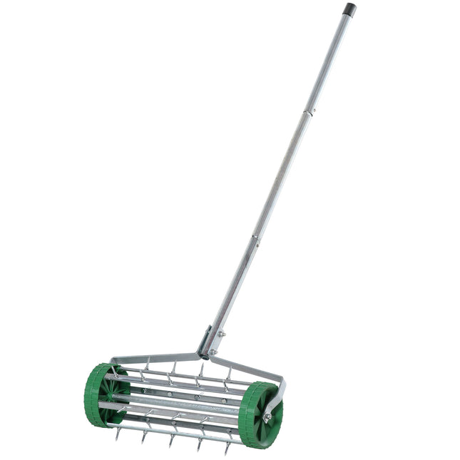 Heavy Duty Garden Rolling Lawn Aerator with Adjustable Handle - Green & Silver