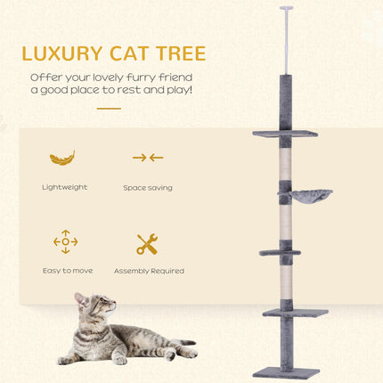 Cats Floor to Ceiling Scratching Post with 5-Tier Plush Platforms - Grey