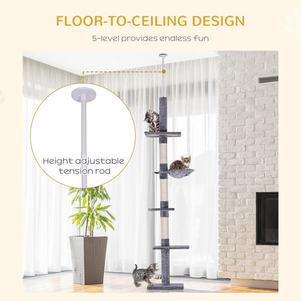 Cats Floor to Ceiling Scratching Post with 5-Tier Plush Platforms - Grey