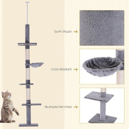 Cats Floor to Ceiling Scratching Post with 5-Tier Plush Platforms - Grey