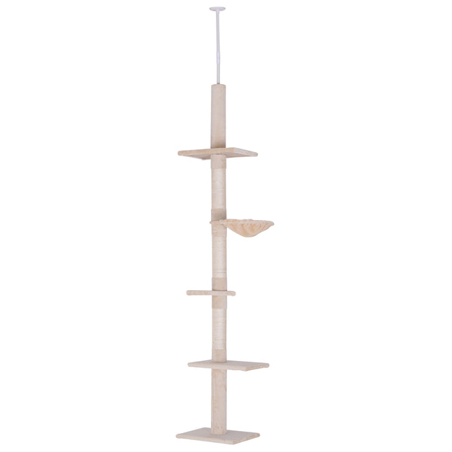 Floor to Ceiling 5-Tier Cat Tree Tower with Scratching Post 230-260cm - Beige