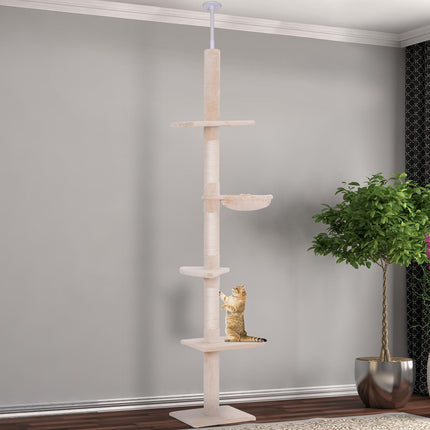 Floor to Ceiling 5-Tier Cat Tree Tower with Scratching Post 230-260cm - Beige