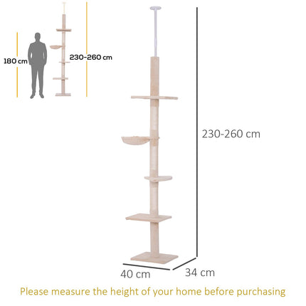 Floor to Ceiling 5-Tier Cat Tree Tower with Scratching Post 230-260cm - Beige