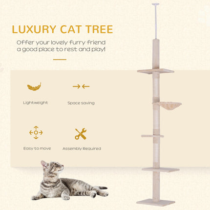 Floor to Ceiling 5-Tier Cat Tree Tower with Scratching Post 230-260cm - Beige