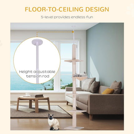 Floor to Ceiling 5-Tier Cat Tree Tower with Scratching Post 230-260cm - Beige