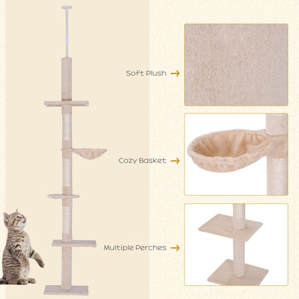 Floor to Ceiling 5-Tier Cat Tree Tower with Scratching Post 230-260cm - Beige