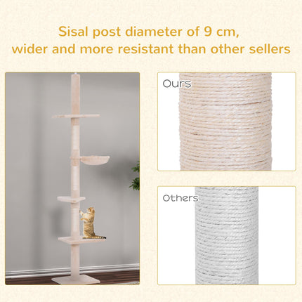 Floor to Ceiling 5-Tier Cat Tree Tower with Scratching Post 230-260cm - Beige