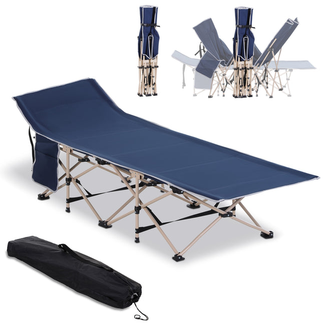 Portable Folding Camping Cot with Steel Frame and Side Pocket for Travel - Blue
