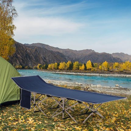 Portable Folding Camping Cot with Steel Frame and Side Pocket for Travel - Blue