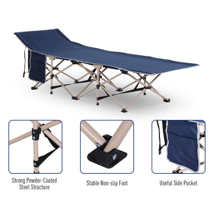 Portable Folding Camping Cot with Steel Frame and Side Pocket for Travel - Blue