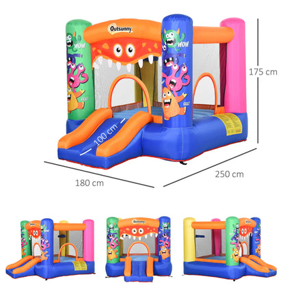 Inflatable Bouncy Castle with Basket, Trampoline & Slide Monster Design 180x250x175 cm - Multicolor