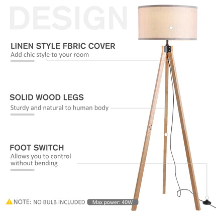 5FT Wood Tripod Floor Lamp with E27 Bulb Fitting for Home Office - Beige