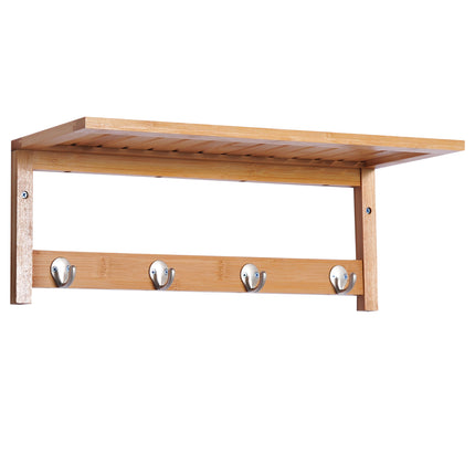 Wall Mounted Coat Rack with 4 Hooks, Rail & Storage Shelf for Hallway Bedroom Bathroom - Natural Wood