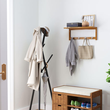 Wall Mounted Coat Rack with 4 Hooks, Rail & Storage Shelf for Hallway Bedroom Bathroom - Natural Wood