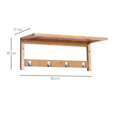 Wall Mounted Coat Rack with 4 Hooks, Rail & Storage Shelf for Hallway Bedroom Bathroom - Natural Wood