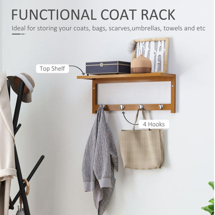 Wall Mounted Coat Rack with 4 Hooks, Rail & Storage Shelf for Hallway Bedroom Bathroom - Natural Wood
