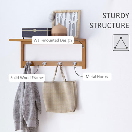 Wall Mounted Coat Rack with 4 Hooks, Rail & Storage Shelf for Hallway Bedroom Bathroom - Natural Wood