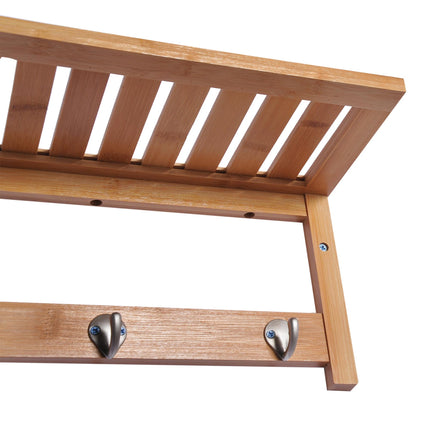 Wall Mounted Coat Rack with 4 Hooks, Rail & Storage Shelf for Hallway Bedroom Bathroom - Natural Wood