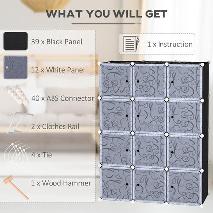DIY Portable Interlocking Modular Wardrobe Closet Cube Organiser with Hanging Rails - Black and White