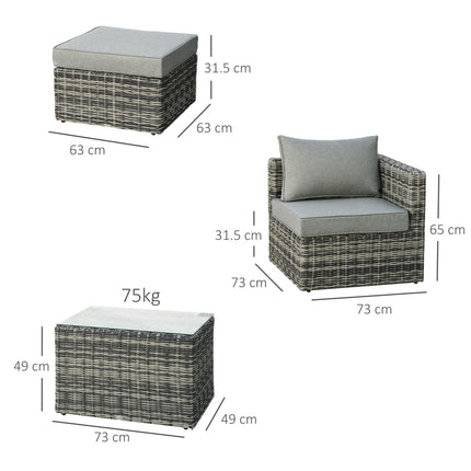 Five Piece Rattan Armchair, Stool and Table Set - Mixed Grey