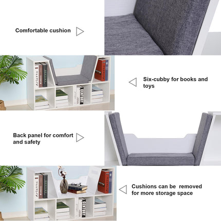 Bookcase Shelf Storage Seat with Cushion for Kids Reading Bedroom Living Room Organizer - White