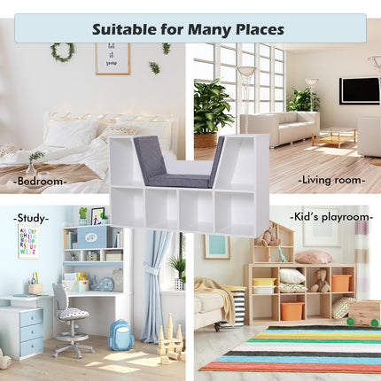 Bookcase Shelf Storage Seat with Cushion for Kids Reading Bedroom Living Room Organizer - White