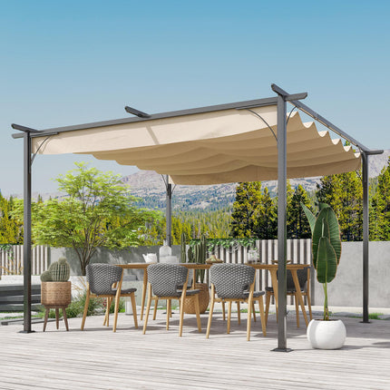 Retractable Metal Pergola Gazebo 350x350cm with UV Resistant Canopy - Beige