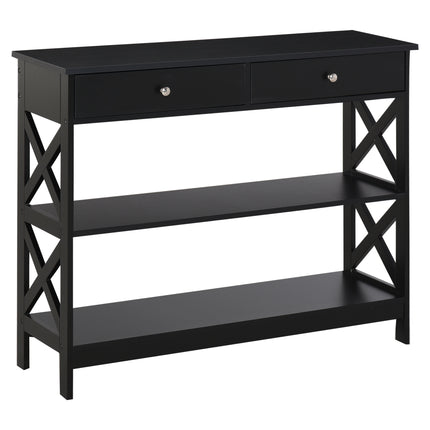 Console Table Side Desk with Shelves and Drawers, X Frame Support - Black