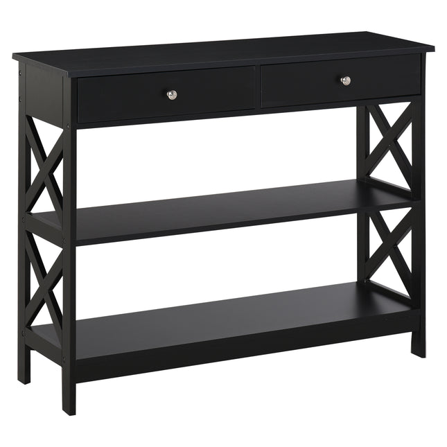 Console Table Side Desk with Shelves and Drawers, X Frame Support - Black