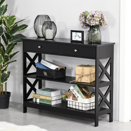 Console Table Side Desk with Shelves and Drawers, X Frame Support - Black