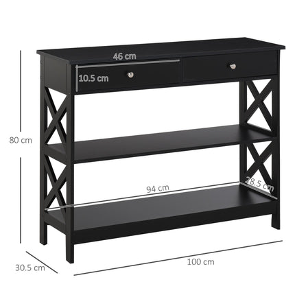 Console Table Side Desk with Shelves and Drawers, X Frame Support - Black