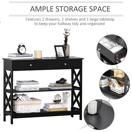 Console Table Side Desk with Shelves and Drawers, X Frame Support - Black
