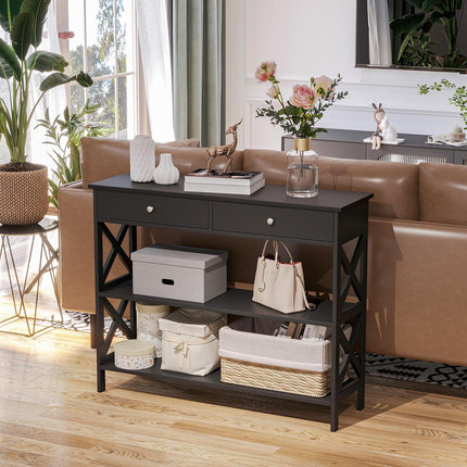 Console Table Side Desk with Shelves and Drawers, X Frame Support - Black