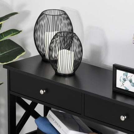Console Table Side Desk with Shelves and Drawers, X Frame Support - Black
