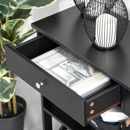 Console Table Side Desk with Shelves and Drawers, X Frame Support - Black