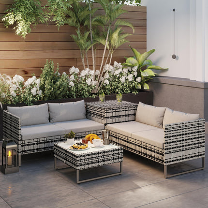 4-Piece Garden Rattan Wicker Patio Corner Sofa Love Seat and Table Set with Cushions and Storage - Mixed Grey