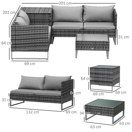 4-Piece Garden Rattan Wicker Patio Corner Sofa Love Seat and Table Set with Cushions and Storage - Mixed Grey