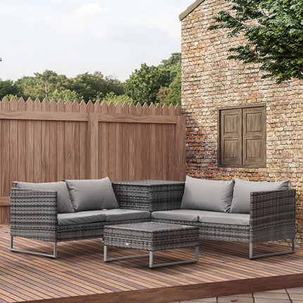 4-Piece Garden Rattan Wicker Patio Corner Sofa Love Seat and Table Set with Cushions and Storage - Mixed Grey