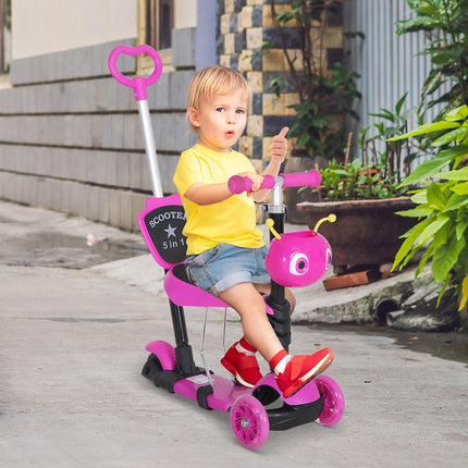 5-in-1 Toddler 3-Wheel Mini Kick Scooter with Removable Seat & Backrest - Pink