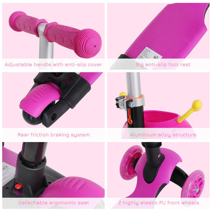 5-in-1 Toddler 3-Wheel Mini Kick Scooter with Removable Seat & Backrest - Pink