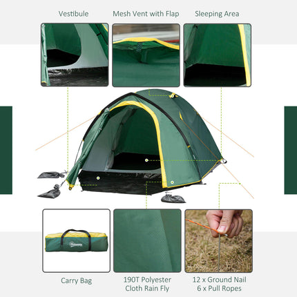 Waterproof 2 Person Dome Camping Tent with Large Windows - Green and Yellow