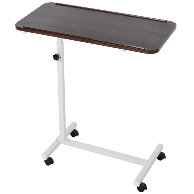 Adjustable Portable Overbed and Chair Laptop Table with Lockable Castors and Wooden Top - Brown