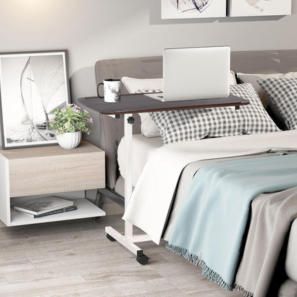 Adjustable Portable Overbed and Chair Laptop Table with Lockable Castors and Wooden Top - Brown