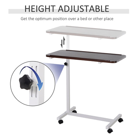 Adjustable Portable Overbed and Chair Laptop Table with Lockable Castors and Wooden Top - Brown