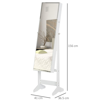 Standing Jewelry Cabinet with Lockable Full-Length Mirror and Storage Organizer - White
