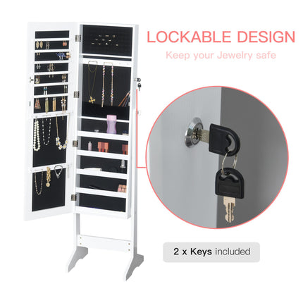 Standing Jewelry Cabinet with Lockable Full-Length Mirror and Storage Organizer - White