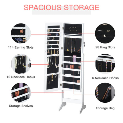Standing Jewelry Cabinet with Lockable Full-Length Mirror and Storage Organizer - White